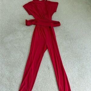 Red Women's Jumpsuit with Waist Tie